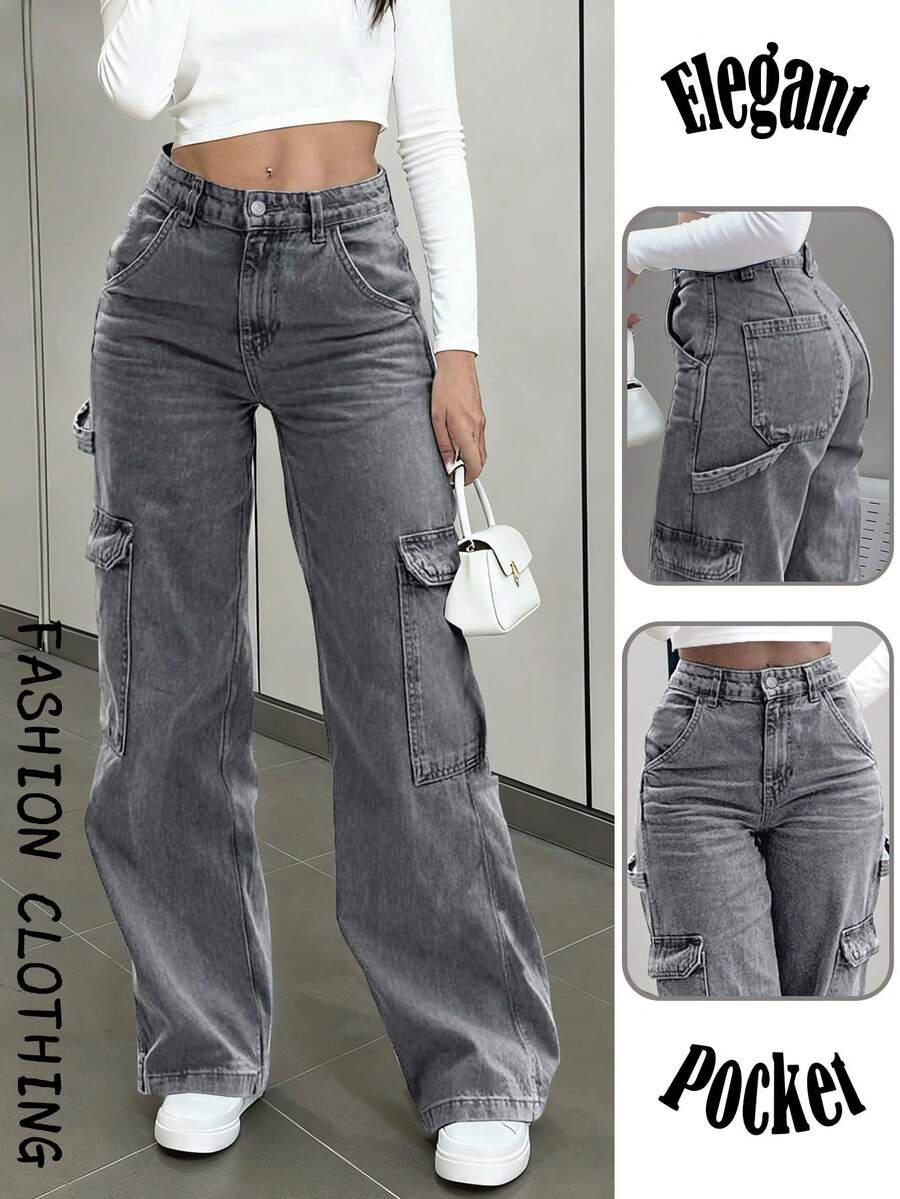 Y2K宽松灰色工装牛仔裤，度假风女装休闲水洗阔腿牛仔裤，性感街头风牛仔裤，2026春夏款