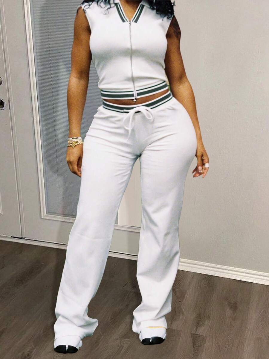 LovelyWholesale Women's Casual Lapel Striped Print Zipper Vest Top With Drawstring Pants 2 Pieces Set Spring Outfit - White - View 1