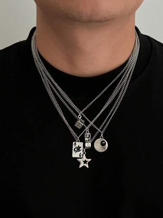 5件套时尚朋克星形项链，男士个性化几何吊坠项链，适合日常佩戴和派对，可单独佩戴，情侣项链，节日和生日礼物，星形项链