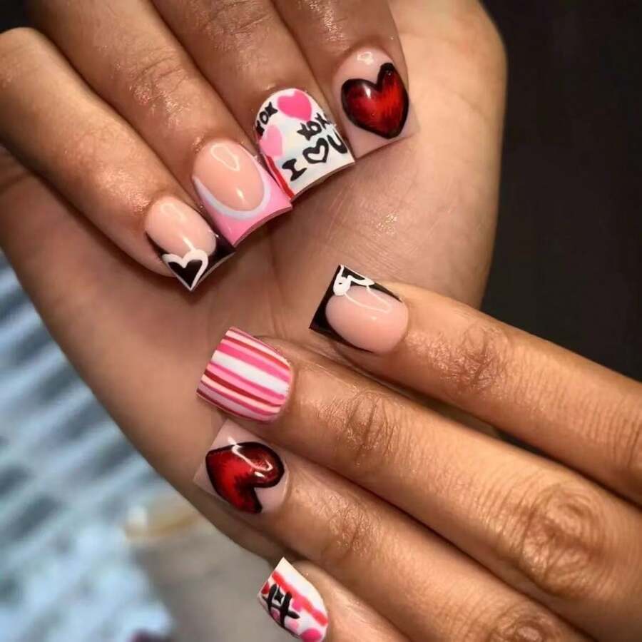 24pcs, Square Nail Sweet And Cool Style Black Heart French Chic Romantic Striped Letter Wearable Nail Art - 1 - 查看 1