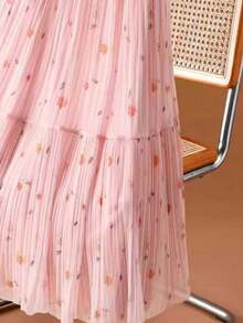 LuminousWealth 女士优雅花卉褶皱长裙 - 色彩缤纷的花卉图案，高腰设计，飘逸垂坠，适合所有季节，高腰裙摆，非常适合新年、节日和派对穿着 - 粉色 - 查看 3