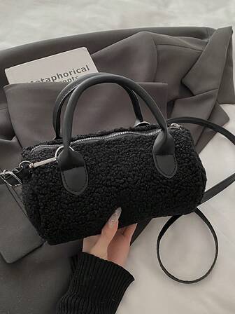 Black Shiny Material Boston Handbag, Versatile