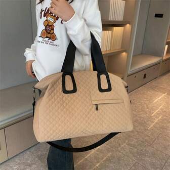 1个纯色绗缝手提包，涤纶卡其色，带衬垫，大容量，拉链封口，时尚简约旅行健身包，飞机包，旅行包，行李包，旅行袋，过夜包，耐用旅行收纳包，邮轮必备，度假必备，男女通用