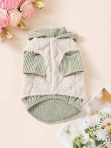 2件套宠物老年犬保暖针织内衣和连帽背心，带牵引绳扣，撞色休闲日常狗狗服装