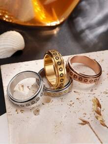 1 pieza Anillo giratorio de flor de acero de titanio, anillo de compromiso/boda para hombres y mujeres; 1 pieza Anillo de mujer con incrustaciones de circonita cúbica hueco y de moda; 1 pieza Anillo minimalista elegante de mujer con incrustaciones de circonita cúbica; 1 pieza Anillo de mujer con incrustaciones de circonita cúbica de dos tonos