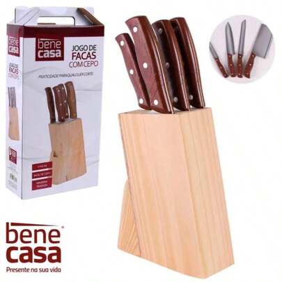 Jogo de Facas Faqueiro Inox com Cepo 5 Peças Lâmina de Aço Inox Cabo em Madeira Elegância e Funcionalidade para Cozinha