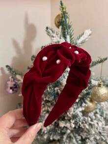 1pc Fashion Fall Decor Flocked Pearl Pleated Headband, Versatile Wide-Brimmed Hair Accessory, Autumn/Winter, Hair Band, Hair Hoop - Burgundy - View 3