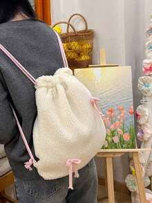Back To School Niche Design Soft & Fluffy Drawstring Backpack, Sweet Milky White Healing Style, Convenient For Commuting, Outing, Daily Use, Large Capacity Bookbag, Autumn/Winter - Multicolor - View 4