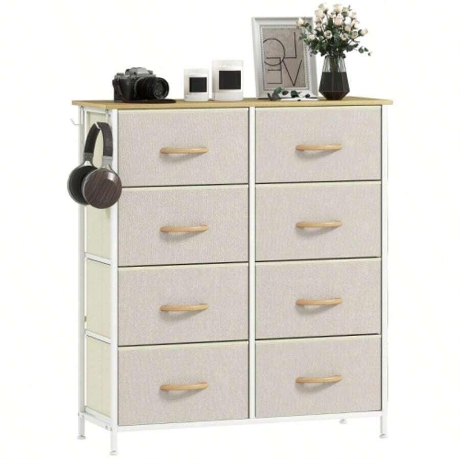 HOMCOM Bedroom Dresser With 8 Fabric Drawers, Steel Frame, Wooden Surface, 4 Compartments, 2 Hooks, Beige Color - Beige - View 1