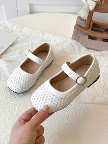 Girls' White Grid Rhinestone Mary Jane Flats, Adjustable Buckle Soft Sole Princess Party Shoes - White - View 1