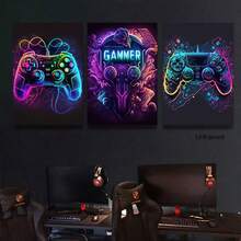 3pcs Cool Gaming Wall Art, Game Watercolor Posters Pictures Colorful Neon Gamepad Canvas Painting Prints For Boys Room Kids Game Room ,Bedroom, For Boys Home Decoration,No Frame - Multicolor - View 2