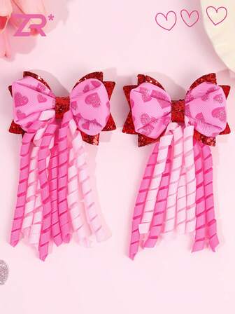 2 pièces Barrettes à cheveux en forme de nœud papillon avec queue, douces et mignonnes pour les filles et les adolescentes. Nœuds papillon pailletés avec imprimé cœur, accessoires pour cheveux de la Saint-Valentin, fête et festival. Accessoires de mode élégants pour les femmes.