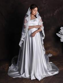 1 Stück einlagiger Spitzen-Kathedralenschleier, ideal für Braut-Hochzeitsfotografie, langes, weiches, transparentes Hochzeitsaccessoire - milchig - Übersicht 3