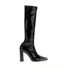 Bottes de cavalière en cuir verni jusqu'aux genoux pour femmes avec bout carré, talon bloc et tige haute - 7 cm simple - Voir 5