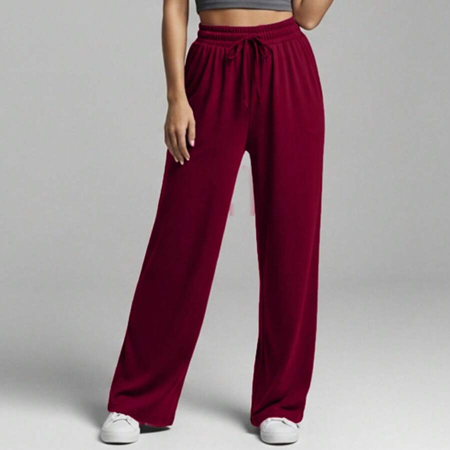 Comfortable Women's Wide-Leg Sweatpants, Soft, Structured Fit, Casual, Basic, Plain, With A Faux Drawstring. - Rojo - Ver 1