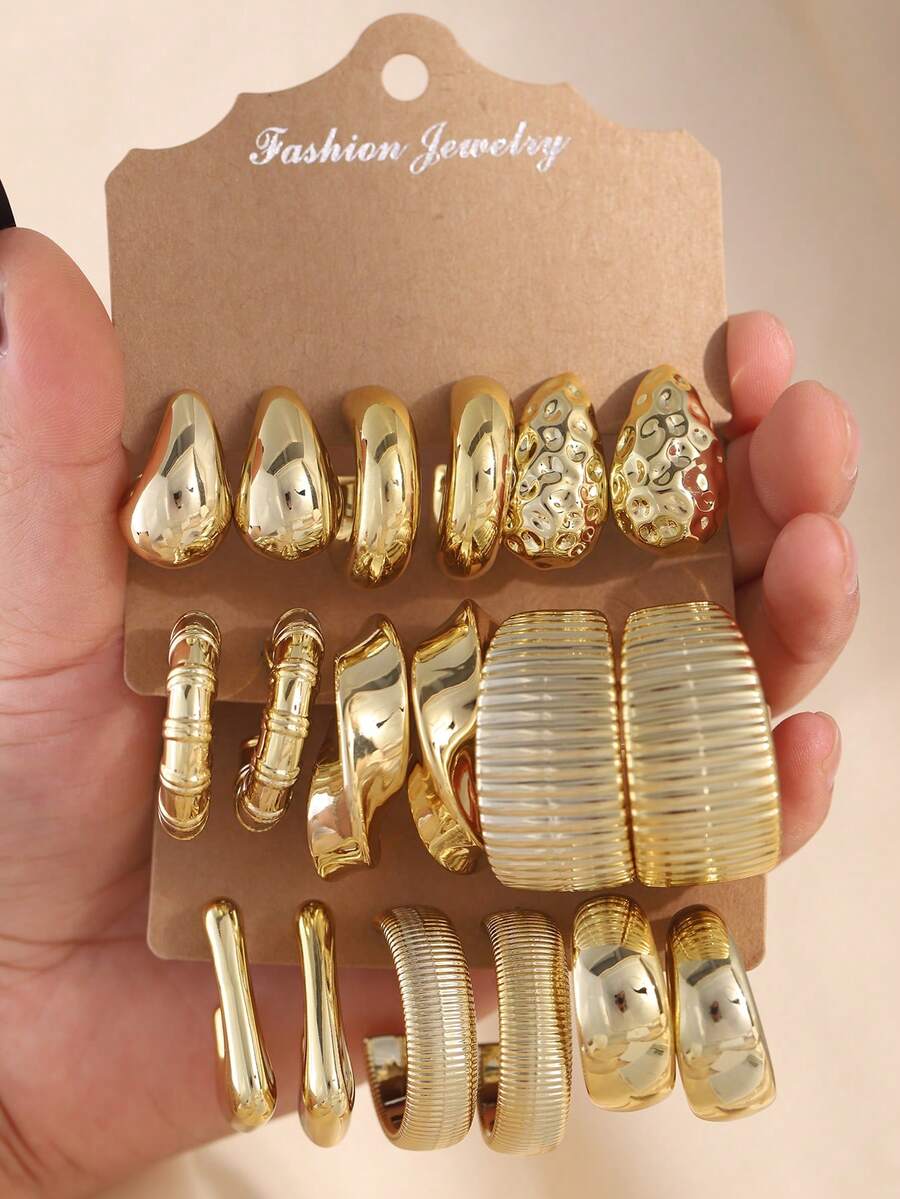 6-18pcs Gold Tone Fashion Earrings Set, Stylish & Elegant, Suitable For Daily, Party, And Occasion Wear - Multicolor - View 1