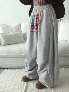 High Waist Loose Fit American Flag & Letter Print Casual Wide Leg Sweatpants - Light Grey - View 5