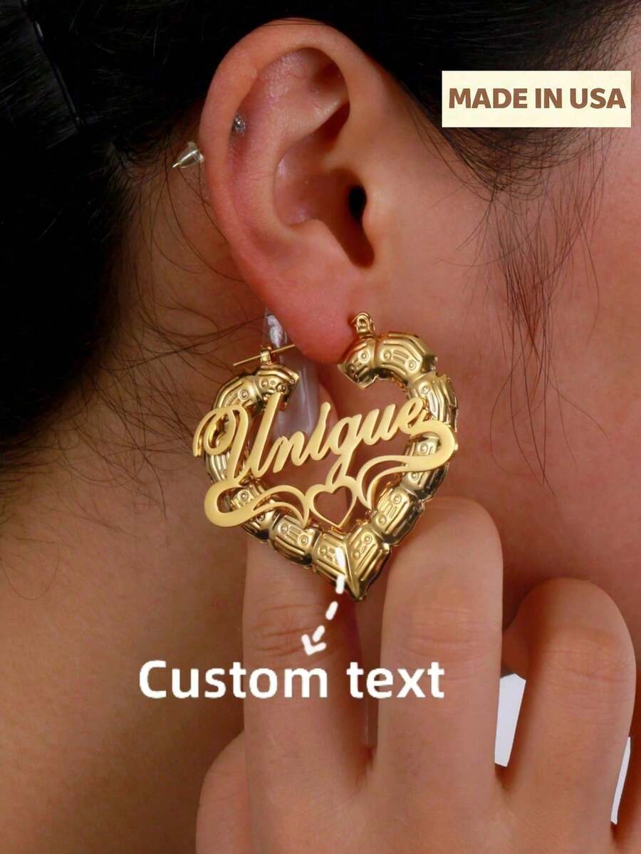 50mm Customized Name Bamboo Hoop Earrings, Personalized Jewelry Name Earrings, Heart-Shaped Birthday Gift For Women - Nhiều màu - Xem 1