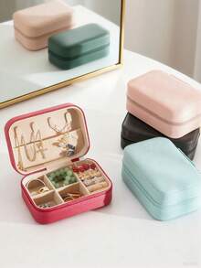 1个旅行首饰盒，小型PU皮革首饰收纳盒，适合女性和女孩，便携式双层迷你首饰盒，可收纳耳环、戒指、项链，带可拆卸隔板，多功能首饰整理盒 - 彩色 - 查看 9
