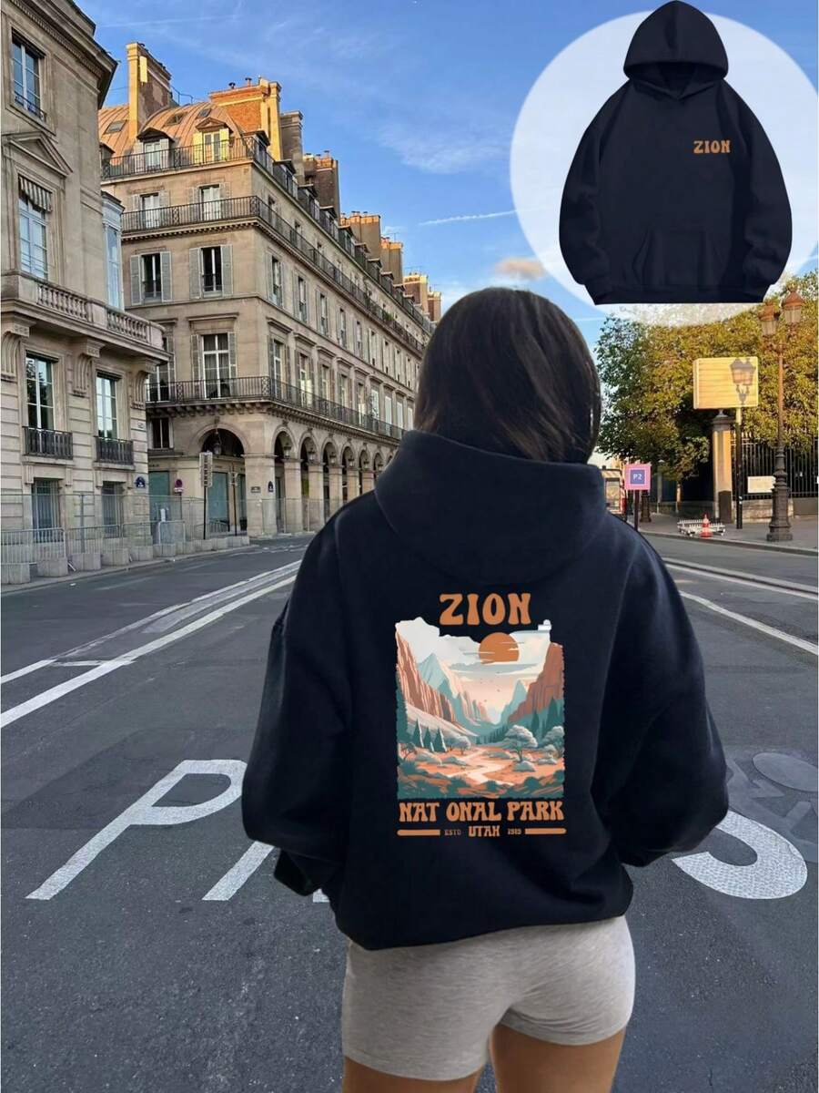 Women's Black Reversible Zion National Park Pattern Hoodie - Casual American Pullover With Kangaroo Pocket, 100% Polyester, Machine Washable, Autumn And Winter Outdoor Clothing, Fashion Design, High-Quality Stitching, Street Style, Urban Fashion, Soft Material, Adult Size - trộn - Xem 1