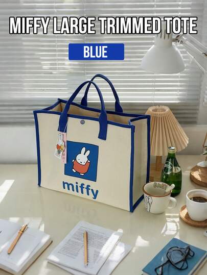 Miffy Large Trimmed Tote Bag, Blue Trim Large-Capacity, Adorable Miffy Cartoon Print, Off-White Canvas Body With Blue Trim And Handles, Canvas Material, Portable Design, Large-Capacity Versatile Use, Perfect For Daily Use, Leisure, Commute, Shopping, Ideal For Miffy Fans, Cartoon Lovers, Young Women, Students, Office Workers, Lovely Gift For Lover