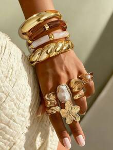 11/7/4件套复古优雅休闲度假风女士CCB和亚克力开口手镯，花朵珍珠设计金属戒指套装，适合女士日常、派对和节日佩戴的珠宝套装 - 金色38 - 查看 9