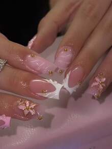 Bộ 24 miếng dán móng tay 3D, màu hồng kiểu Pháp đầu nhọn, trang trí ngọc trai, hình vuông ngắn, bộ móng giả dán, bao gồm 1 gel dán và 1 dũa móng, dễ sử dụng, phù hợp cho phụ nữ đi làm hàng ngày, lễ hội, tiệc tùng, v.v. Dụng cụ làm móng - Nhiều màu - Xem 2