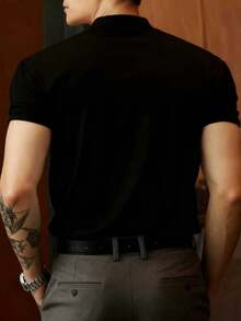 Men's Casual Solid Color Henley Neck Short Sleeve T-Shirt, Summer - Black - View 2