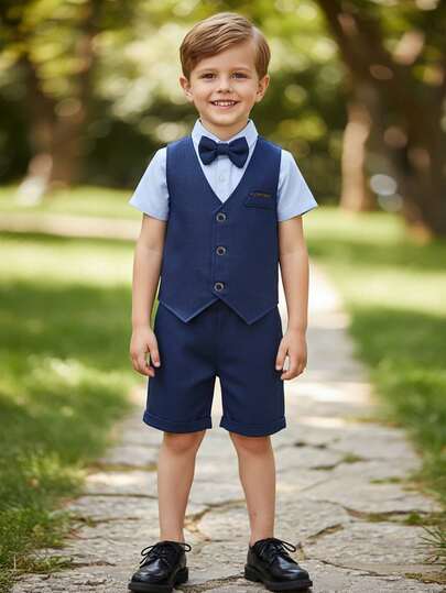 BOARNSEORL Bộ quần áo lịch lãm 3 món cho bé trai: Áo sơ mi ngắn tay kèm nơ, áo vest xanh, quần short, thời trang và bảnh bao, phù hợp cho tiệc sinh nhật, đám cưới, lễ phục, ngày lễ.