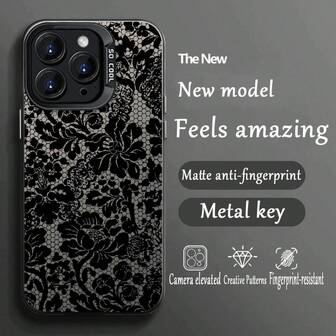 1pc Fashionable Personalized Lace Flower Printed Pattern With Independent Button IMD Anti-Fall Anti-Slip Black Phone Case Compatible With IPhone 17 Pro Max/17/17 Pro/Air, 16 Pro Max/16/16 Pro/16 Plus, 15/15 Pro Max/15 Pro, 11/12/13/14 Pro Max, 11 Pro/11 Pro Max, 12 Pro/12 Pro Max, 13 Pro/13 Pro Max, 14 Pro/14 Pro Max, High-End Creative