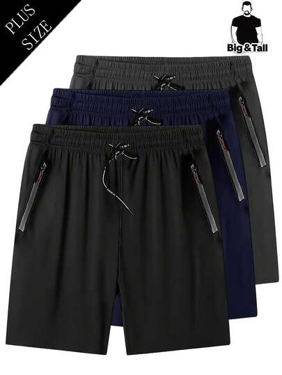 Plus Size Men's Elastic Straight Leg Shorts, Solid Color, Zipper Pockets, Drawstring, Lightweight, Suitable For Sports, Running, Fitness, Summer
