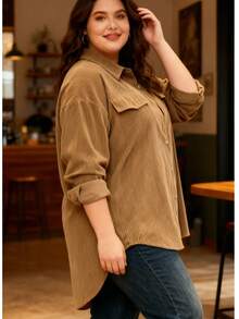 معطف كارديجان سميك بأكمام طويلة من الكوردوروي للمرأة ذات الحجم الكبير