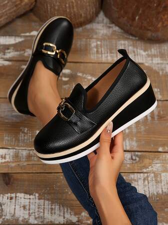 Black Wedge Loafers With Lychee Texture Square Buckle, Slip-On Office/Commute Casual Shoes, Round Toe British Style Versatile Wedge Shoes, Spring/Autumn