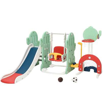 Tobogán infantil 7 en 1 con columpio y aro de baloncesto - Juego de exterior e interior para niños - Parque infantil con trepador y campo de fútbol y golf