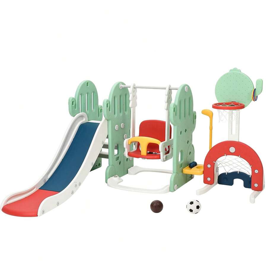 Tobogán infantil 7 en 1 con columpio y aro de baloncesto - Juego de exterior e interior para niños - Parque infantil con trepador y campo de fútbol y golf - Verde - Ver 1