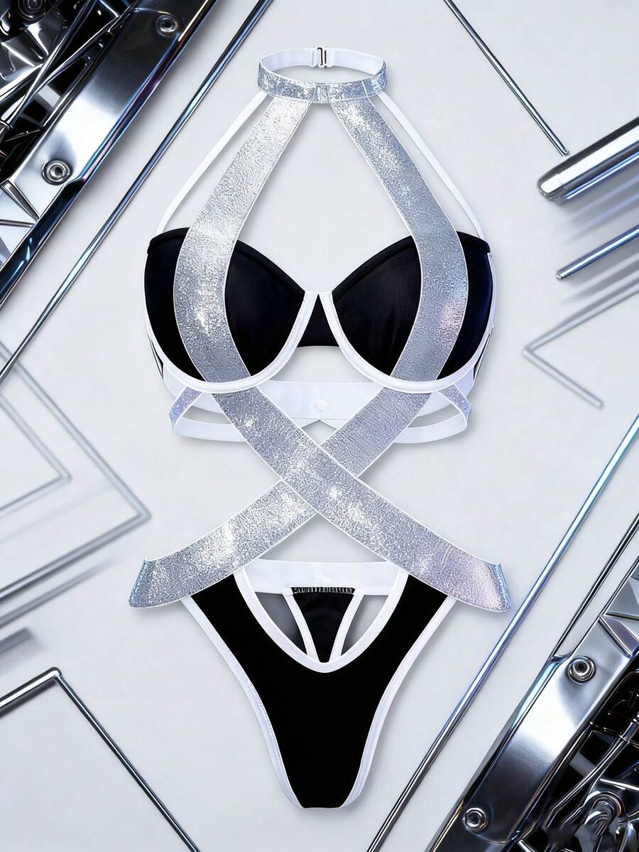 Contrasting Women's Sexy Lingerie Adjustable Halter Strap Attachment 3/4 Cup Type Bodysuit Silver Elastic Waistband Front Hollowed-Out Briefs-Type Comfort Jumpsuits - Black - View 1