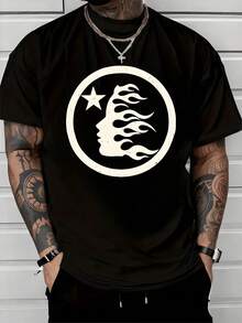 Flaming Silhouette Face With Star Emblem Symbolizing Passion And Inspiration 100% Cotton Men's Classic Fit 220g Graphic Tshirt - 黑色 - 查看 8