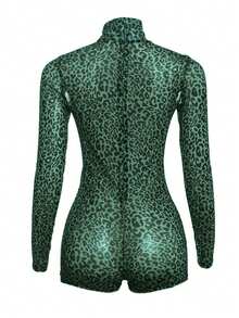 豹纹高领拉链针织网眼连体裤，性感迷人，纯色修身款，适合鸡尾酒会、夜店、音乐节、圣诞节、新年、秋冬季节等场合。 - 綠色 - 查看 2