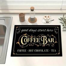 1pc Black Coffee Bar Printed Drainage Mat, Kitchen Counter Dish Drying Pad, Multipurpose Coffee Maker Utensil Mat