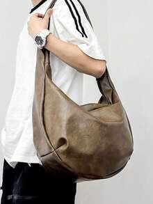Borsa a tracolla casual in stile retrò Ins, borsa a spalla di grande capacità con cinghia non regolabile, borsa hobo in pelle pieghevole, nuova borsa a tracolla personalizzata per pendolarismo, viaggio, scuola, università - Castano - Visualizzare 5