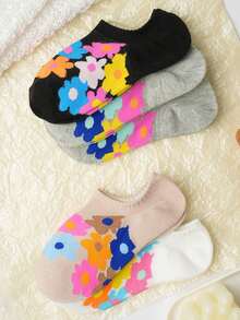 4双装女士可爱碎花浅口防滑透气船袜，春秋季