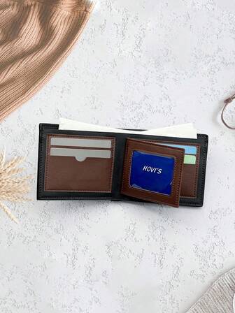  HOVI'S 男士超薄钱包，PU 皮革对折钱包，带身份证窗口和多个卡槽，尺寸小巧，仅 12x9.8x1 厘米，简约设计，黑色配棕色缝线