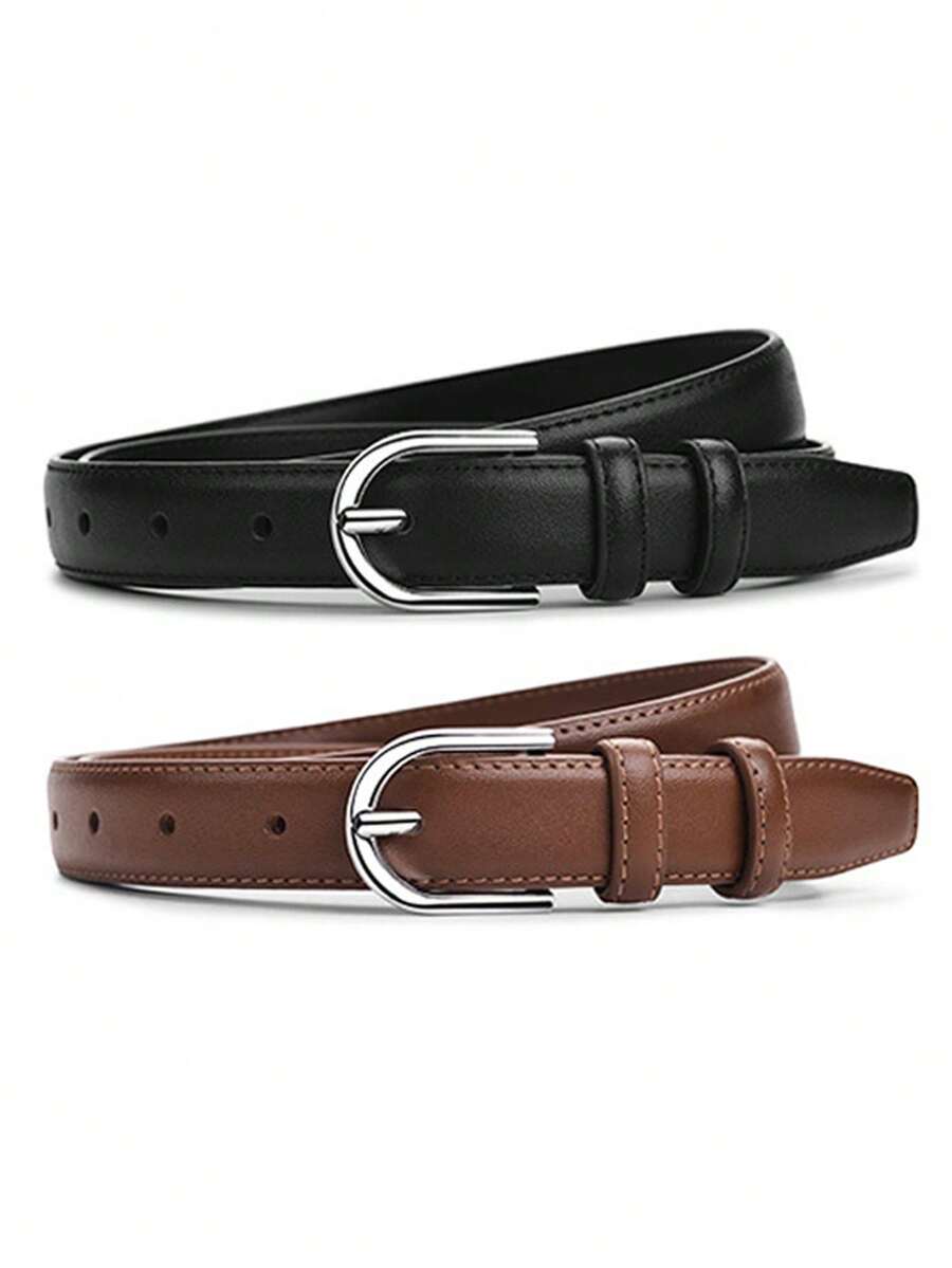 男女通用合金扣皮带，金属扣，时尚简约牛仔腰带，适合所有季节，日常佩戴配饰，黑色和咖啡色可选，绝佳礼品之选 - 彩色 - 查看 1