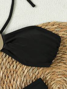 女士纯粹欲望风格黑色吊带露肩比基尼贝壳装饰高叉性感海边度假三件套泳衣2026春夏款 - 黑色 - 查看 4
