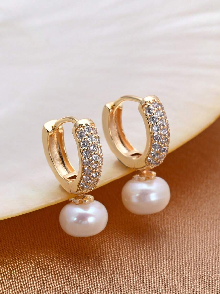 1 Cặp bông tai ngọc trai tự nhiên mạ vàng 18K và đá Cubic Zirconia, Quà tặng cho Ngày của Mẹ, Ngày lễ tình nhân, Sinh nhật, Đám cưới, Đính hôn, Cô dâu - trắng - Xem 1