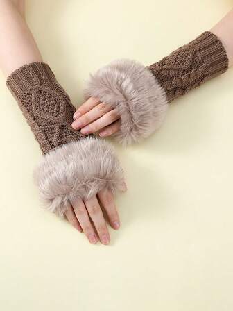 1 双女士秋冬菱形针织毛绒臂套，户外保暖防风袖套，时尚百搭