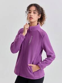 女士户外抓绒外套，保暖透气，立领设计，修身显瘦，羊羔绒内衬，适合徒步和运动，春秋冬季穿着 - 紫色 - 查看 3