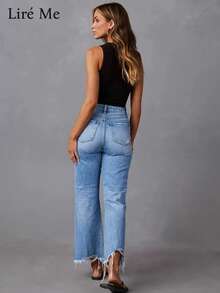 Liré Me 1pc Women'S High-Waisted Ripped Denim Jeans, Wide Leg Fringe Detail, Casual Cotton Blend Straight Leg Pants, All-Season Solid Color With Slight Stretch - 藍色 - 查看 2