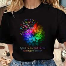 T-Shirt With A Colorful Floral Ribbon Design. Spread Hope, Find A Cure, Fight Cancer. Printed In Full Color For Awareness Events And Support Campaigns. - Black - View 3