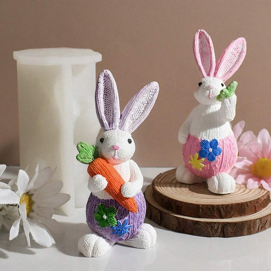 复活节胡萝卜兔子香薰蜡烛硅胶模具，环氧树脂DIY编织兔子石膏饰品，手工皂模具 - 白色 - 查看 1